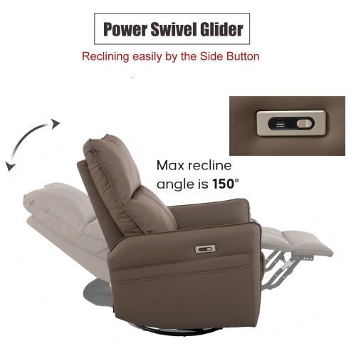 270° Power Swivel Rocker Recliner Chair, Electric Glider Reclining Sofa with USB Ports, PU Faux Leather Power Swivel Glider, Rocking Chair,Nursery Recliners for Living Room Bedroom(Brown+270° Swivel)
