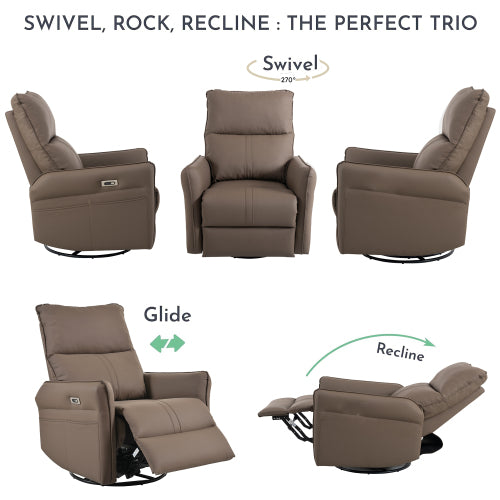 270° Power Swivel Rocker Recliner Chair, Electric Glider Reclining Sofa with USB Ports, PU Faux Leather Power Swivel Glider, Rocking Chair,Nursery Recliners for Living Room Bedroom(Brown+270° Swivel)