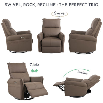 270° Power Swivel Rocker Recliner Chair, Electric Glider Reclining Sofa with USB Ports, PU Faux Leather Power Swivel Glider, Rocking Chair,Nursery Recliners for Living Room Bedroom(Brown+270° Swivel)