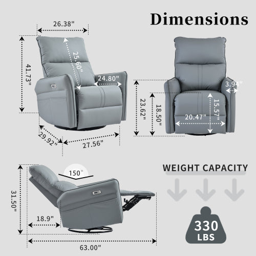 Power Swivel Rocker Recliner Chair for Adults, 270° Swivel Rocking Recliner Chair,Electric Small Recliners for Small Spaces, Single Sofa Recliner for Living Room, Bedroom,RV (Blue-gray+270° Swivel)
