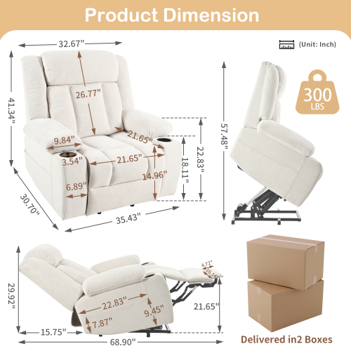 Power Lift Recliner Chair for Elderly,Fabric Lift Chairs for Living Room w/ Extended Footrest,Classic Single Sofa,Home Theater Seat with 2 Cup Holders,Side Pockets,Remote Control(Light Gray)