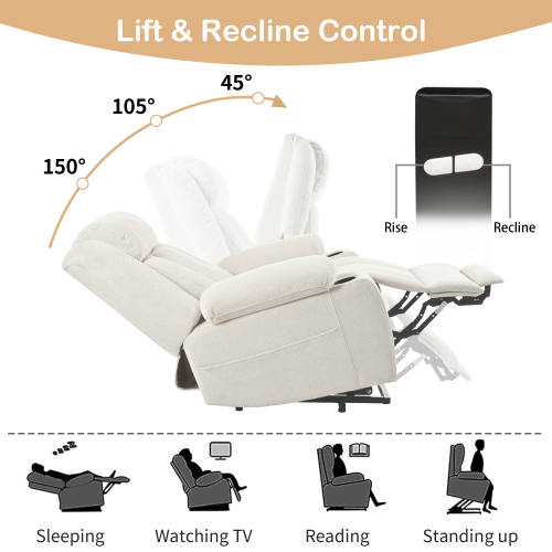 Power Lift Recliner Chair for Elderly,Fabric Lift Chairs for Living Room w/ Extended Footrest,Classic Single Sofa,Home Theater Seat with 2 Cup Holders,Side Pockets,Remote Control(Light Gray)