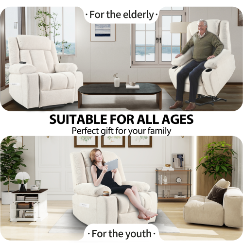 Power Lift Recliner Chair for Elderly,Fabric Lift Chairs for Living Room w/ Extended Footrest,Classic Single Sofa,Home Theater Seat with 2 Cup Holders,Side Pockets,Remote Control(Light Gray)