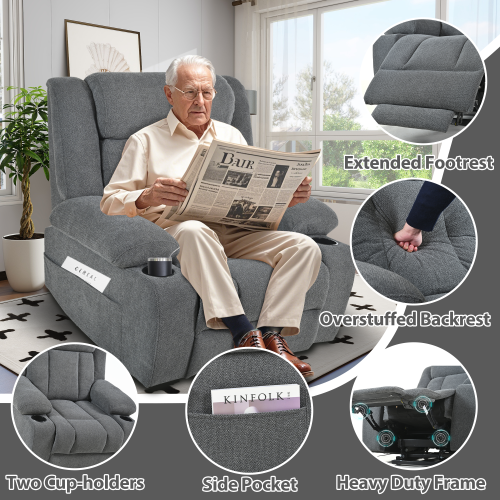 Power Lift Recliner Chair for Elderly,Fabric Lift Chairs for Living Room w/ Extended Footrest,Classic Single Sofa,Home Theater Seat with 2 Cup Holders,Side Pockets,Remote Control(Dark Gray)