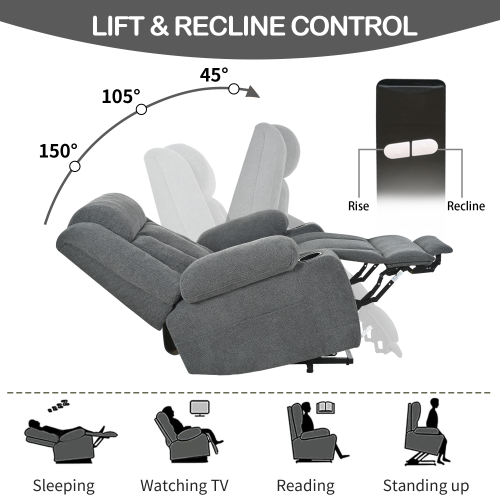 Power Lift Recliner Chair for Elderly,Fabric Lift Chairs for Living Room w/ Extended Footrest,Classic Single Sofa,Home Theater Seat with 2 Cup Holders,Side Pockets,Remote Control(Dark Gray)