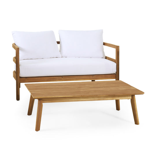 Outdoor Acacia Wood Loveseat and Coffee Table Set with Cushions, Light Teak and White