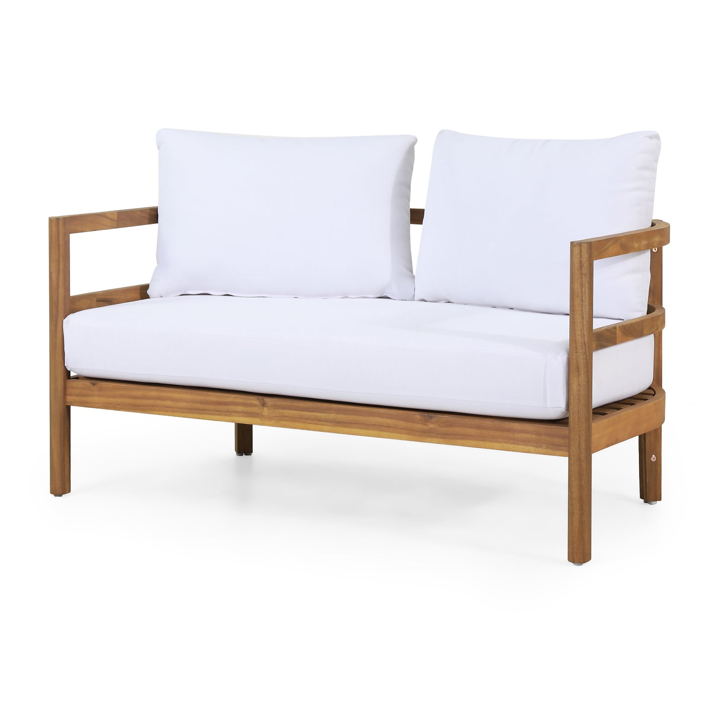 Outdoor Acacia Wood Loveseat and Coffee Table Set with Cushions, Light Teak and White