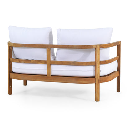 Outdoor Acacia Wood Loveseat and Coffee Table Set with Cushions, Light Teak and White