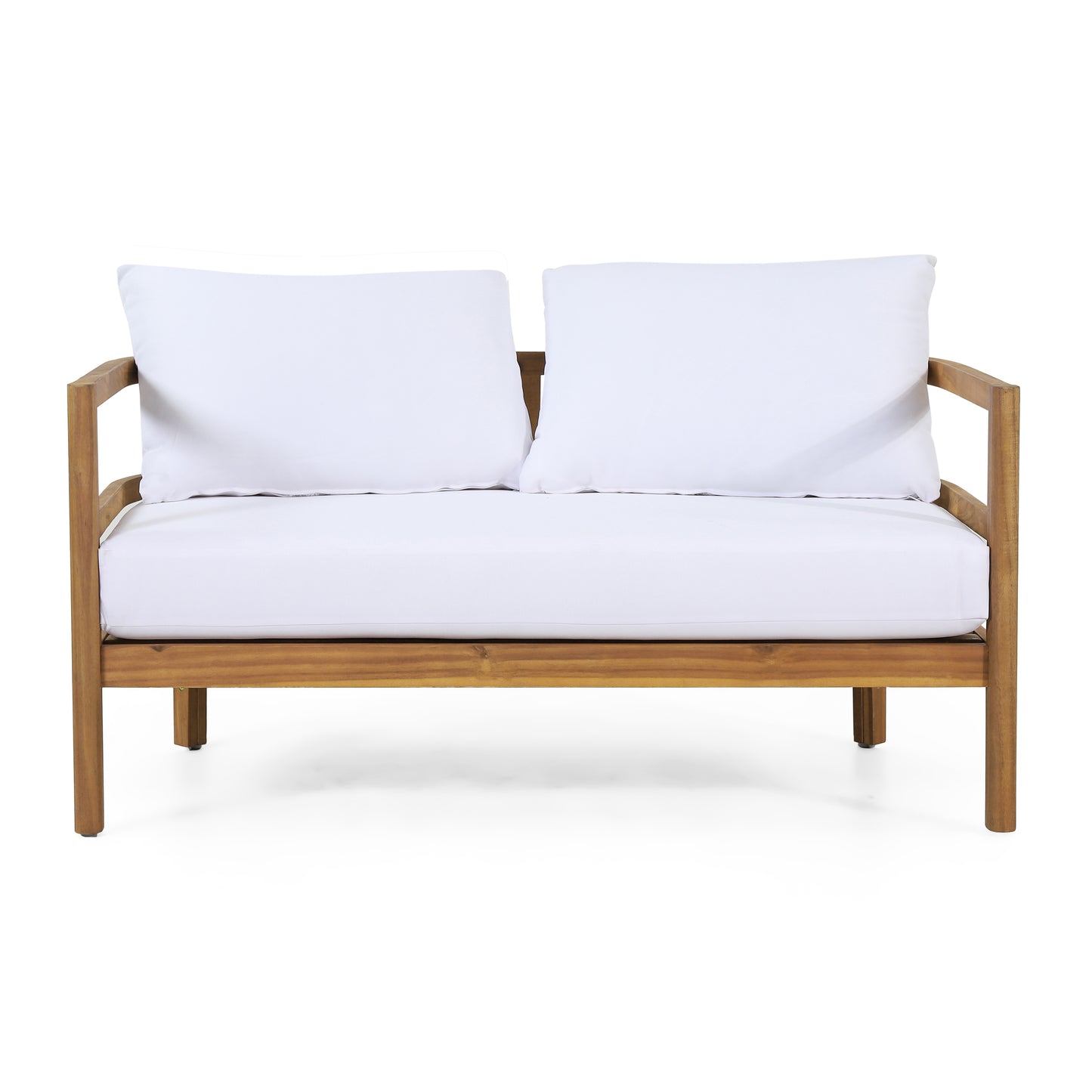 Outdoor Acacia Wood Loveseat and Coffee Table Set with Cushions, Light Teak and White