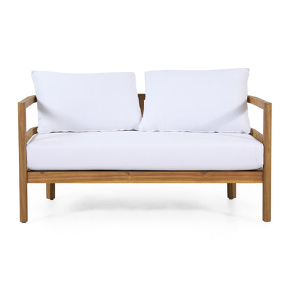 Outdoor Acacia Wood Loveseat and Coffee Table Set with Cushions, Light Teak and White