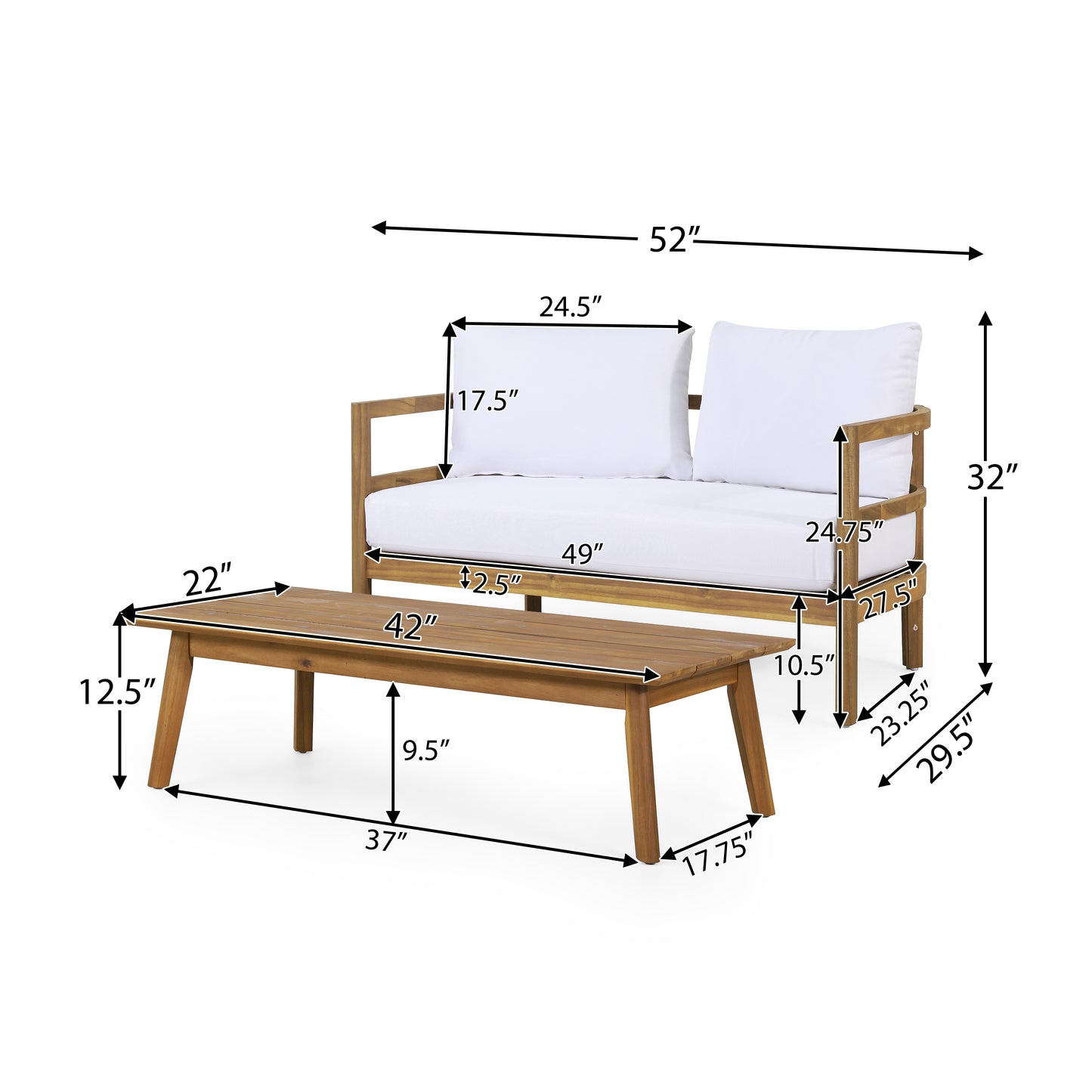 Outdoor Acacia Wood Loveseat and Coffee Table Set with Cushions, Light Teak and White