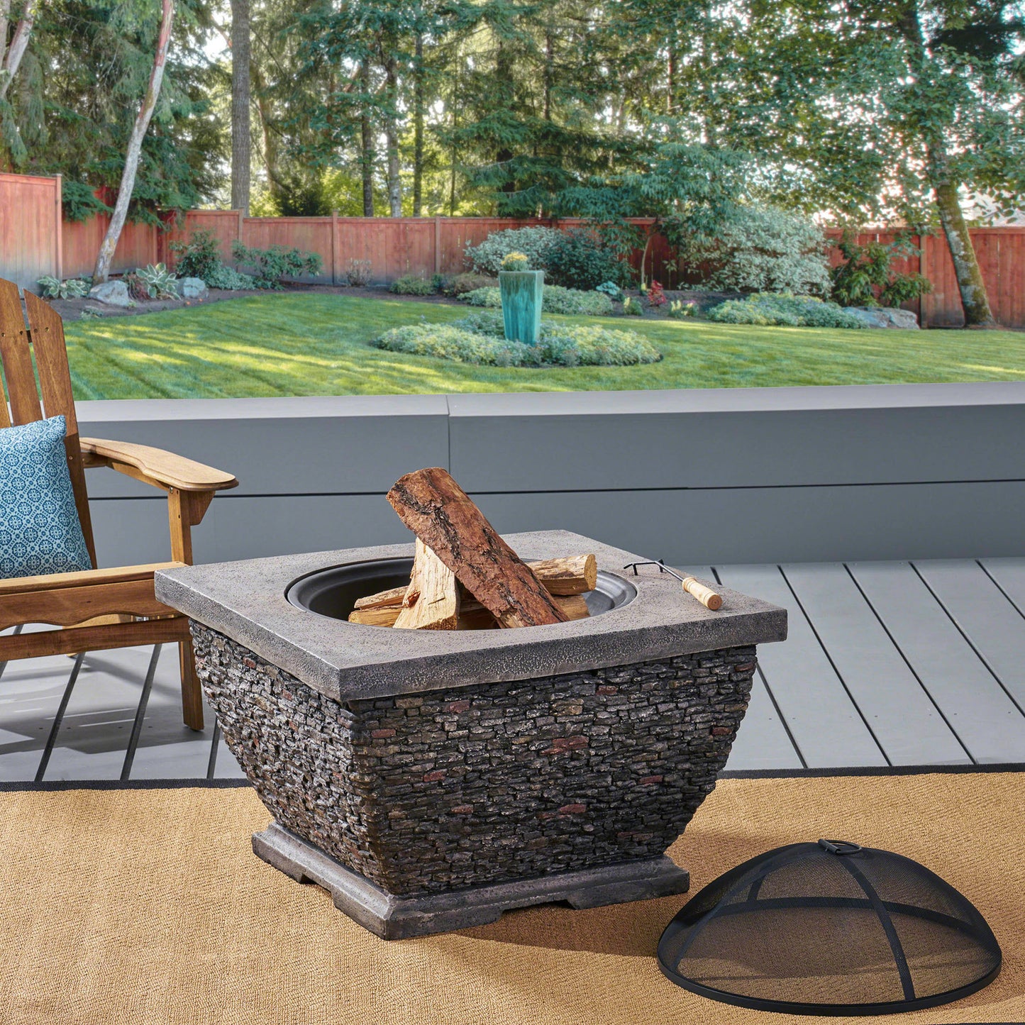 32" MgO Light-Weight Concrete Wood Burning Square Fire Pit, Grey