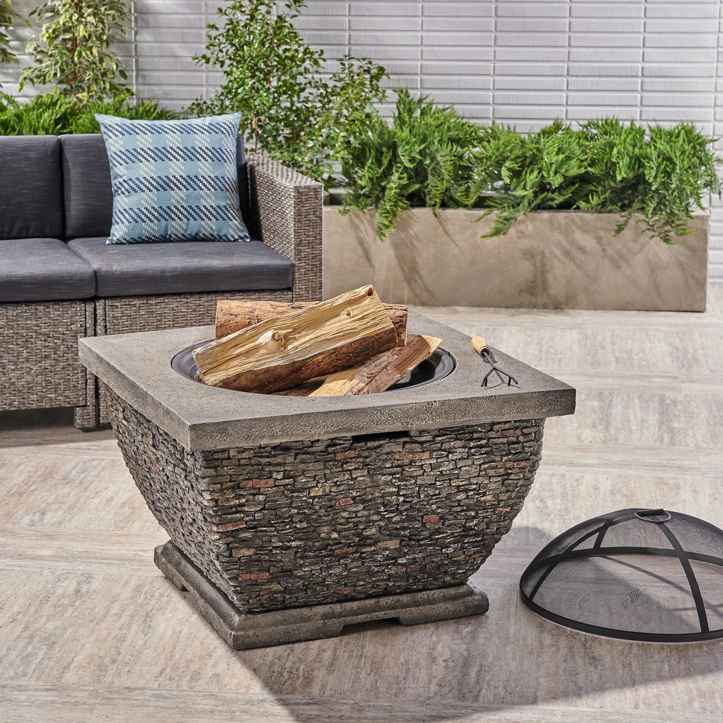 32" MgO Light-Weight Concrete Wood Burning Square Fire Pit, Grey
