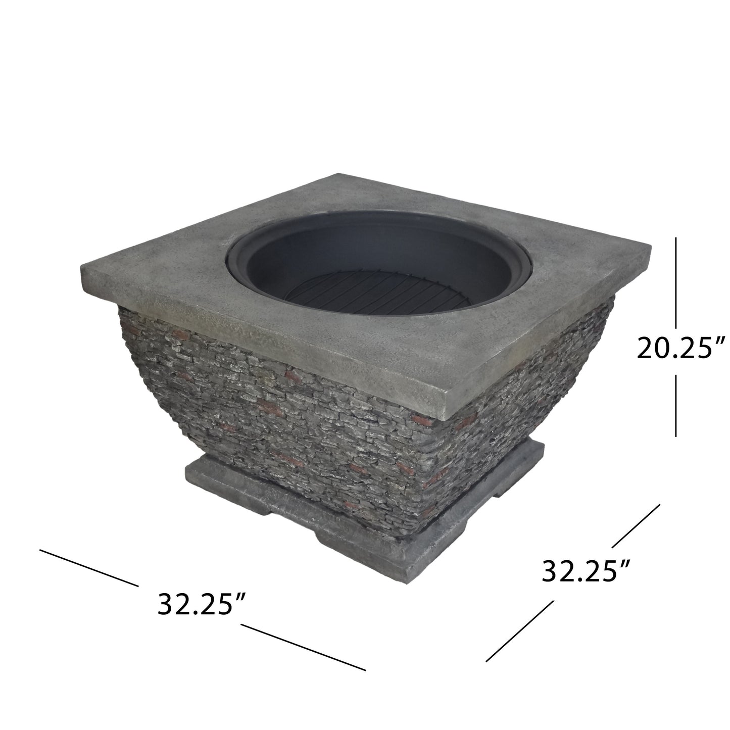 32" MgO Light-Weight Concrete Wood Burning Square Fire Pit, Grey