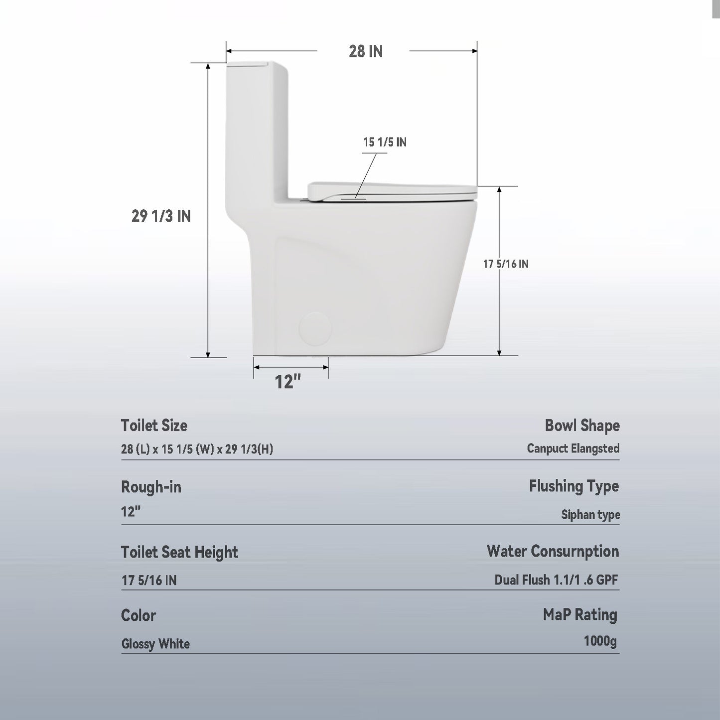 UPGRADED DESIGN Armrest, With 1.1/1.6 GPF Tornado Flush One-Piece Toilet, Siphonic S-trap 12", Soft Close Seat,Dual Flush MAP 1000g,Comfort Chair Seat ADA Height 17",Glossy White GW-007
