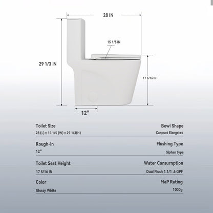 UPGRADED DESIGN Armrest, With 1.1/1.6 GPF Tornado Flush One-Piece Toilet, Siphonic S-trap 12", Soft Close Seat,Dual Flush MAP 1000g,Comfort Chair Seat ADA Height 17",Glossy White GW-007