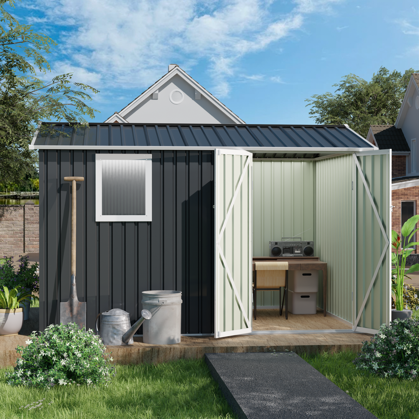 9*6 FT Metal Garden Shed for Patio Backyard Tools House Storage Shed with One Window 9.5 x 6.7FT