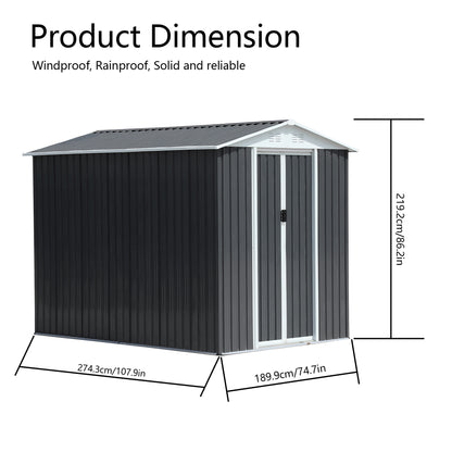 Waterproof Metal Steel Waterproof Outdoor Bike Storage Garden Shed 6FTx9FT Apex Roof Grey With Aluminum Alloy Frame