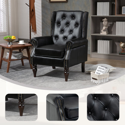 Wood Frame Armchair, Modern Accent Chair Lounge Chair with Sturdy Wood Legs for Living Room Bedroom (Black PU)