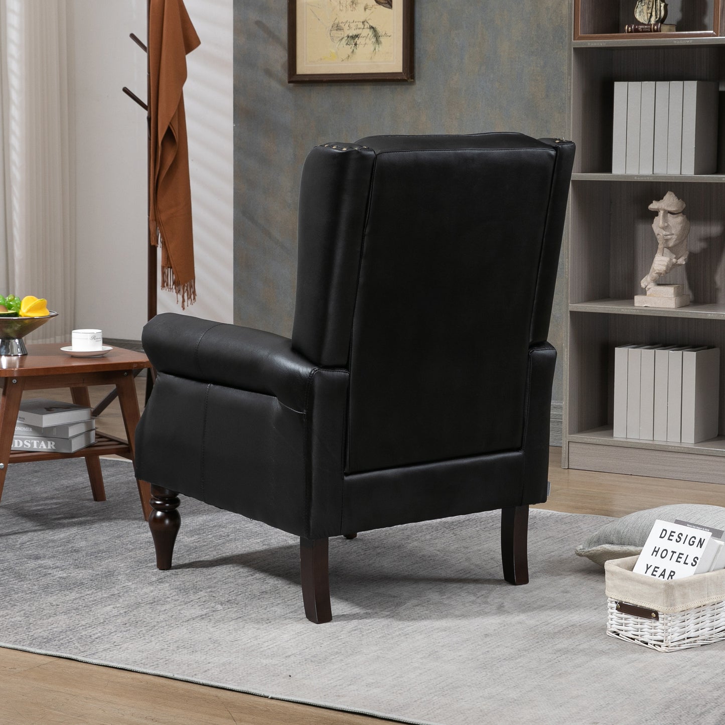 Wood Frame Armchair, Modern Accent Chair Lounge Chair with Sturdy Wood Legs for Living Room Bedroom (Black PU)