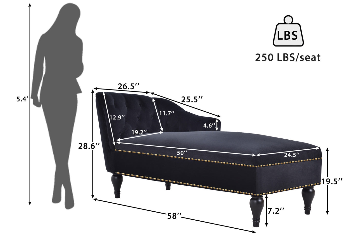 58''Velvet Chaise Lounge,Button Tufted Right Arm Facing Lounge Chair with Nailhead Trim & Solid Wood Legs for Living Room or Office,Sleeper Lounge Sofa