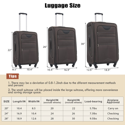 Softside Luggage Expandable 3 Piece Set Suitcase Upright Spinner Softshell Lightweight Luggage Travel Set