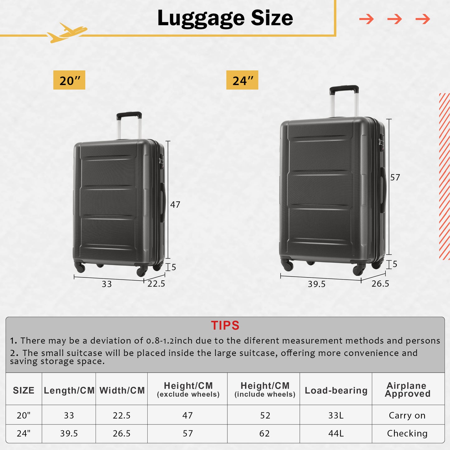 2 Piece Luggage Set with Bags Expanable Spinner Wheels ABS Lightweight Suitcase with TSA Lock 20inch+24inch