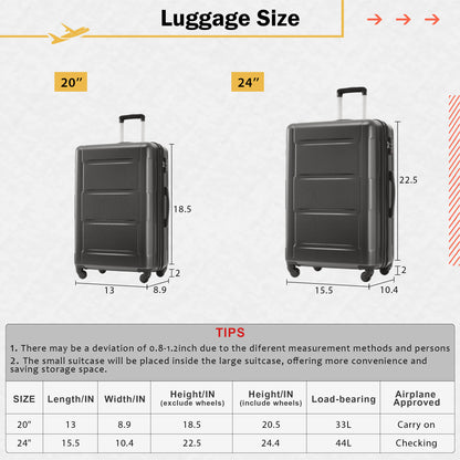 2 Piece Luggage Set with Bags Expanable Spinner Wheels ABS Lightweight Suitcase with TSA Lock 20inch+24inch