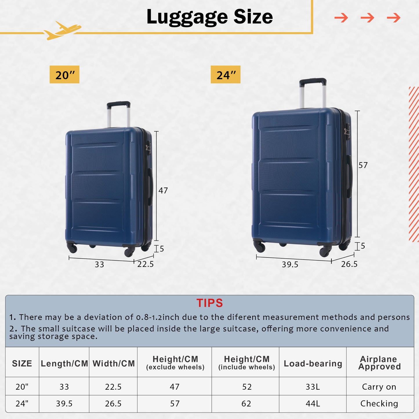 2 Piece Luggage Set with Bags Expanable Spinner Wheels ABS Lightweight Suitcase with TSA Lock 20inch+24inch