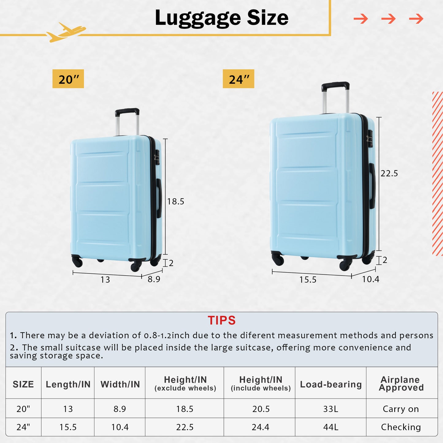 2 Piece Luggage Set with Bags Expanable Spinner Wheels ABS Lightweight Suitcase with TSA Lock 20inch+24inch