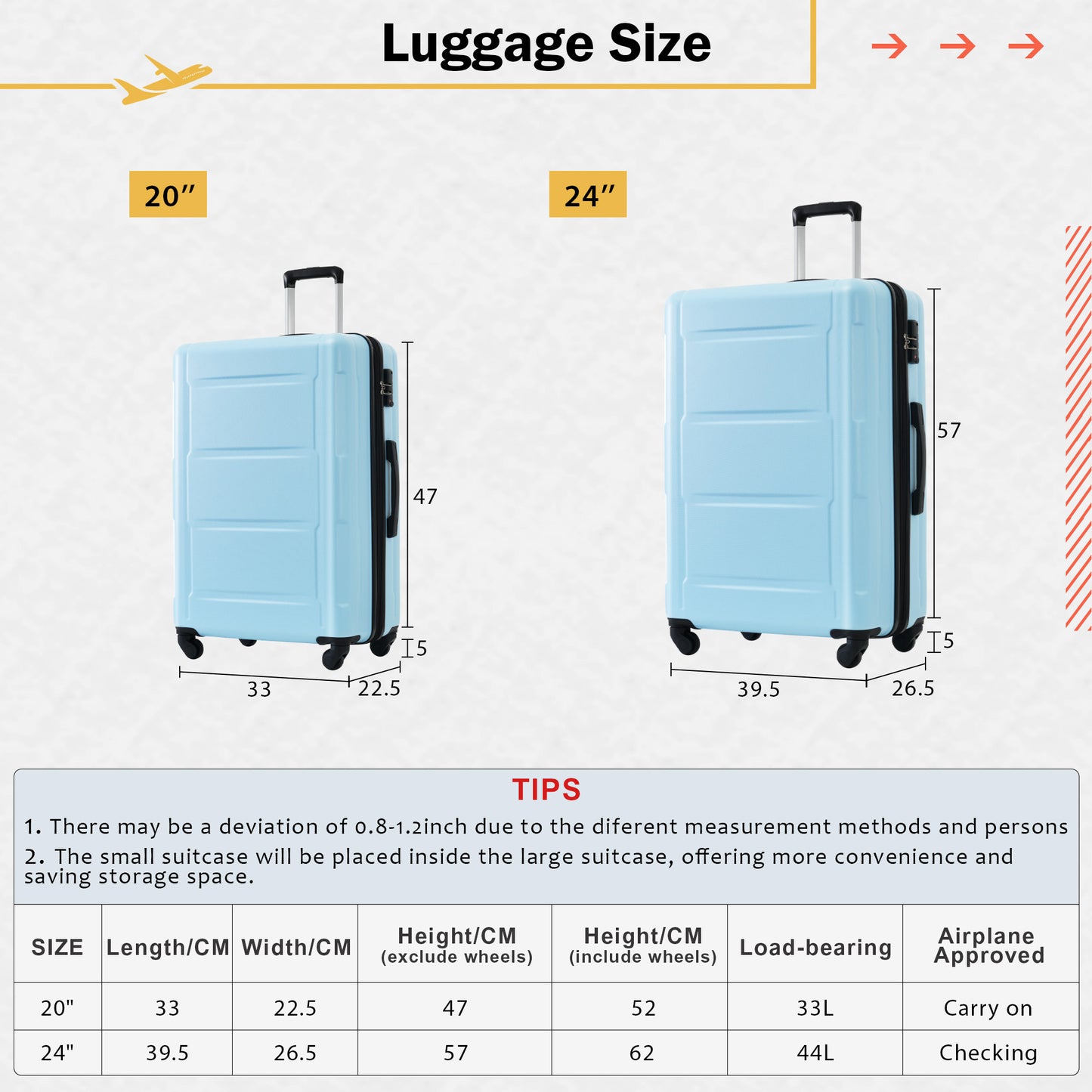 2 Piece Luggage Set with Bags Expanable Spinner Wheels ABS Lightweight Suitcase with TSA Lock 20inch+24inch