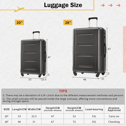 2 Piece Luggage Set with Bags Expanable Spinner Wheels ABS Lightweight Suitcase with TSA Lock 20inch+28inch