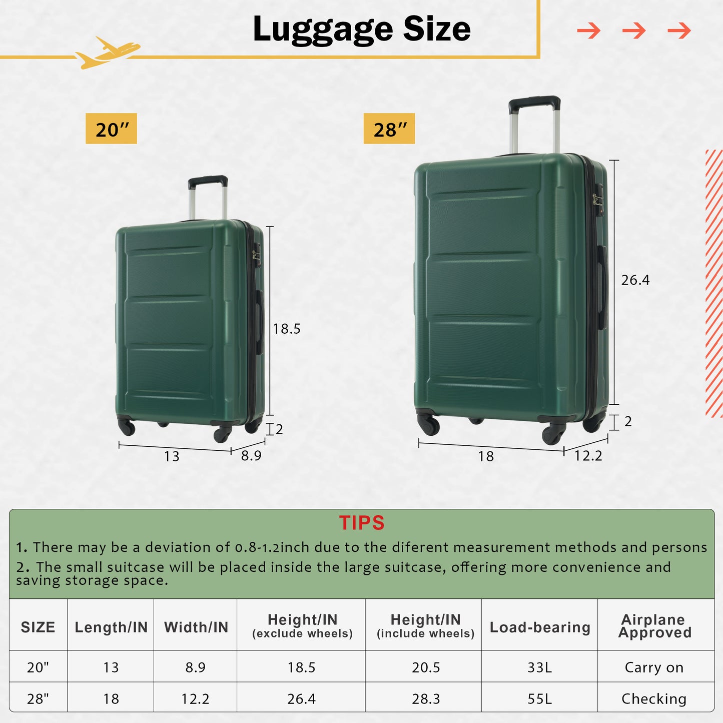 2 Piece Luggage Set with Bags Expanable Spinner Wheels ABS Lightweight Suitcase with TSA Lock 20inch+28inch
