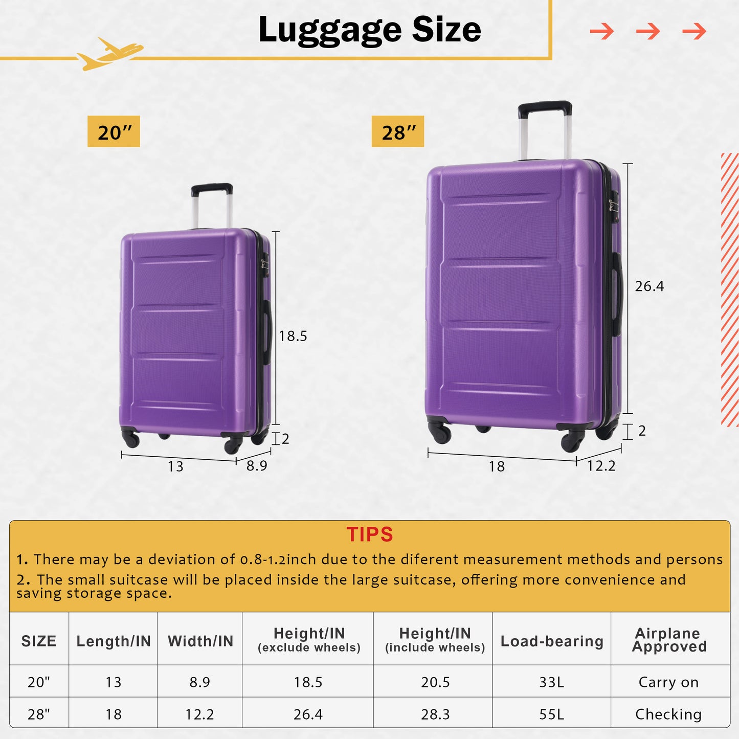2 Piece Luggage Set with Bags Expanable Spinner Wheels ABS Lightweight Suitcase with TSA Lock 20inch+28inch