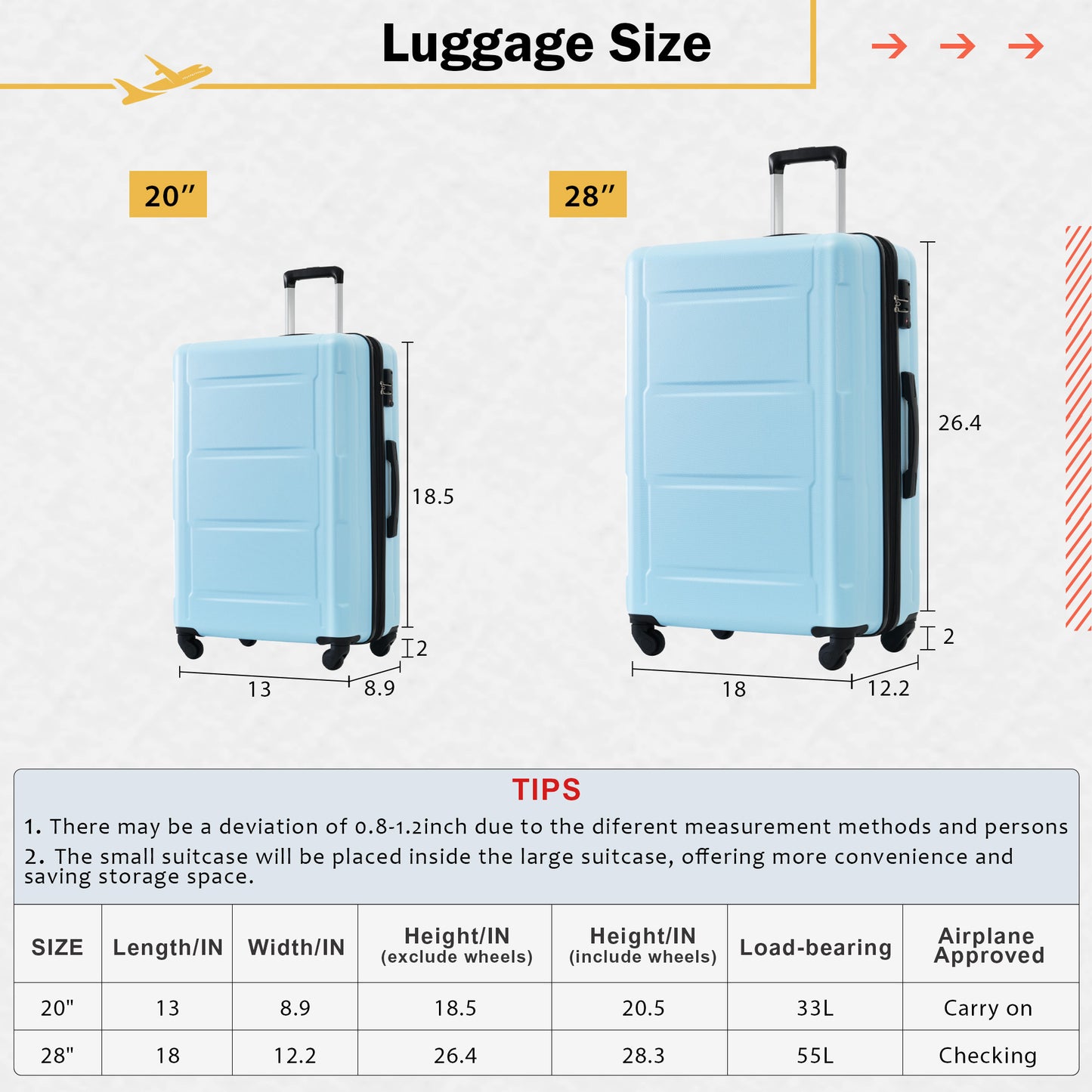 2 Piece Luggage Set with Bags Expanable Spinner Wheels ABS Lightweight Suitcase with TSA Lock 20inch+28inch