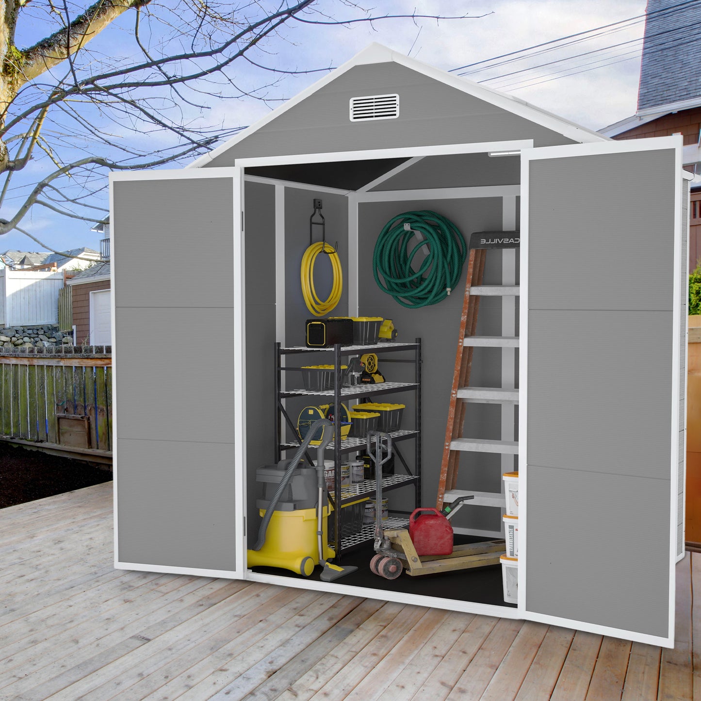 6*5ft resin storage shed,Plastic Garden Tool Outside Sheds,high quality pp material,strong structure,waterproof,rust and UV proof,large storage space,12mm thick pp board,HD window lighting