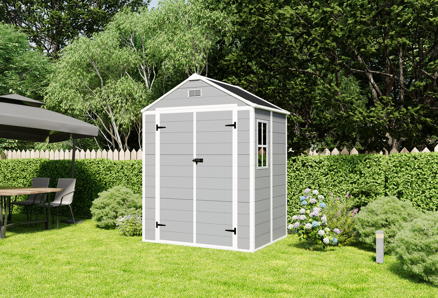 6*5ft resin storage shed,Plastic Garden Tool Outside Sheds,high quality pp material,strong structure,waterproof,rust and UV proof,large storage space,12mm thick pp board,HD window lighting