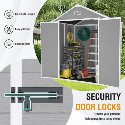 6*5ft resin storage shed,Plastic Garden Tool Outside Sheds,high quality pp material,strong structure,waterproof,rust and UV proof,large storage space,12mm thick pp board,HD window lighting