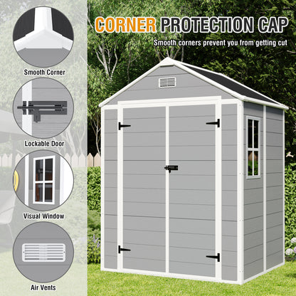 6*5ft resin storage shed,Plastic Garden Tool Outside Sheds,high quality pp material,strong structure,waterproof,rust and UV proof,large storage space,12mm thick pp board,HD window lighting