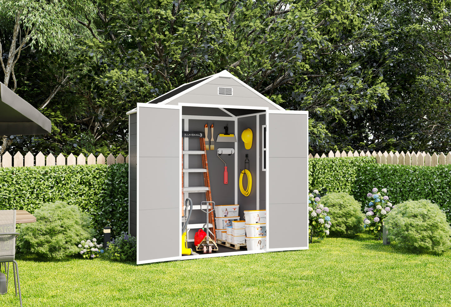 6*5ft resin storage shed,Plastic Garden Tool Outside Sheds,high quality pp material,strong structure,waterproof,rust and UV proof,large storage space,12mm thick pp board,HD window lighting