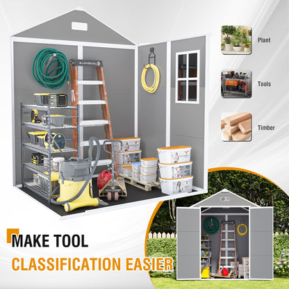6*5ft resin storage shed,Plastic Garden Tool Outside Sheds,high quality pp material,strong structure,waterproof,rust and UV proof,large storage space,12mm thick pp board,HD window lighting