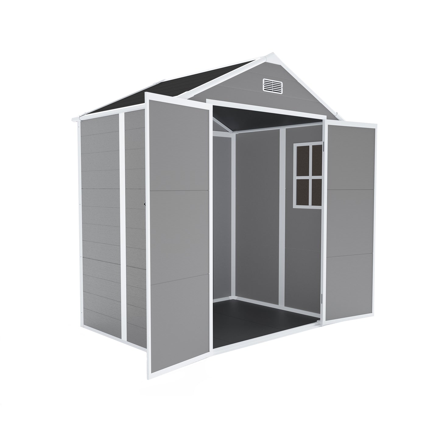 6*5ft resin storage shed,Plastic Garden Tool Outside Sheds,high quality pp material,strong structure,waterproof,rust and UV proof,large storage space,12mm thick pp board,HD window lighting