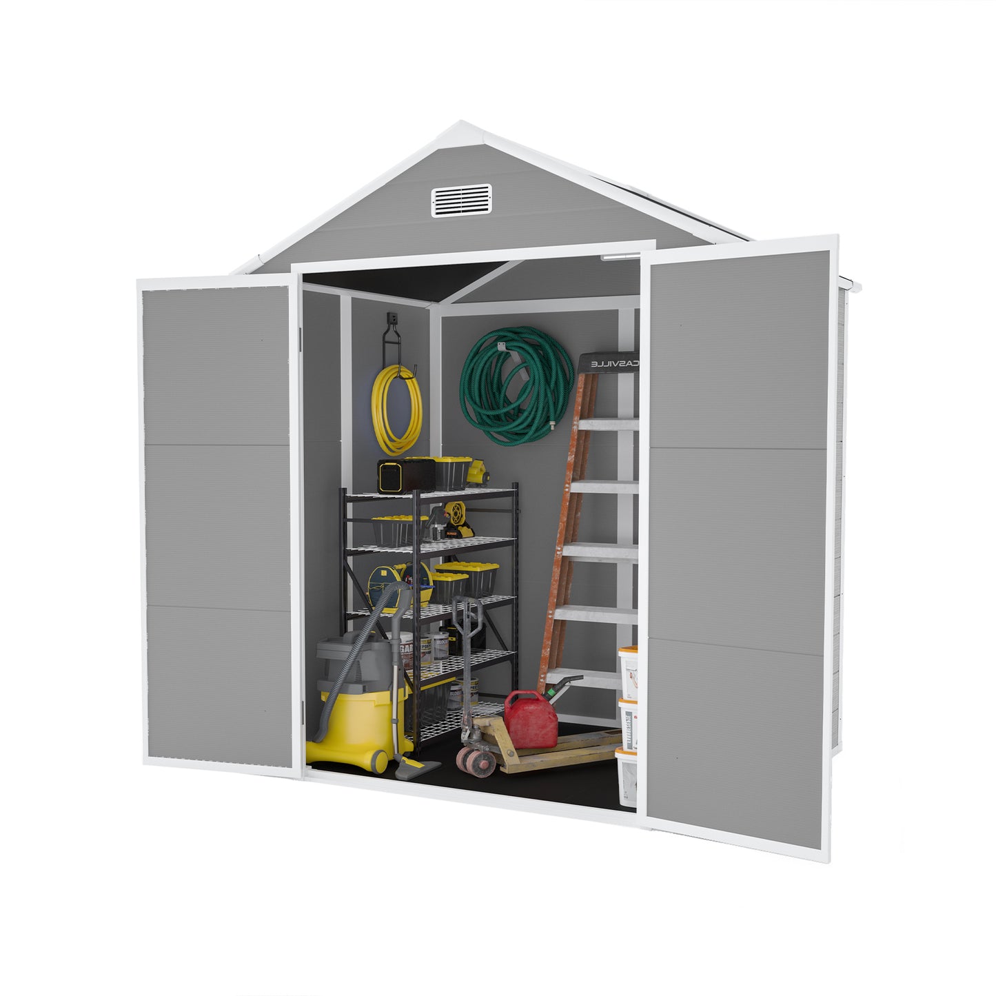 6*5ft resin storage shed,Plastic Garden Tool Outside Sheds,high quality pp material,strong structure,waterproof,rust and UV proof,large storage space,12mm thick pp board,HD window lighting