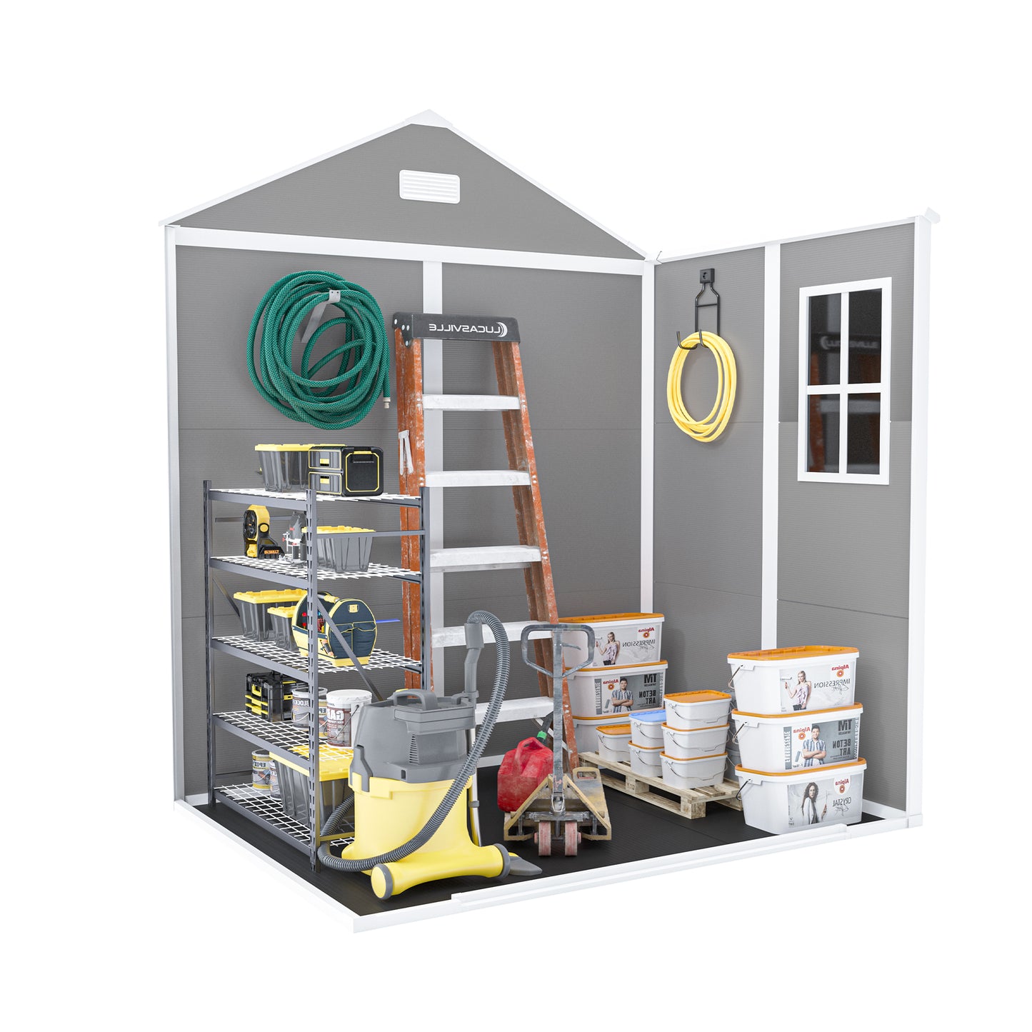 6*5ft resin storage shed,Plastic Garden Tool Outside Sheds,high quality pp material,strong structure,waterproof,rust and UV proof,large storage space,12mm thick pp board,HD window lighting