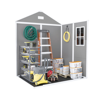 6*5ft resin storage shed,Plastic Garden Tool Outside Sheds,high quality pp material,strong structure,waterproof,rust and UV proof,large storage space,12mm thick pp board,HD window lighting