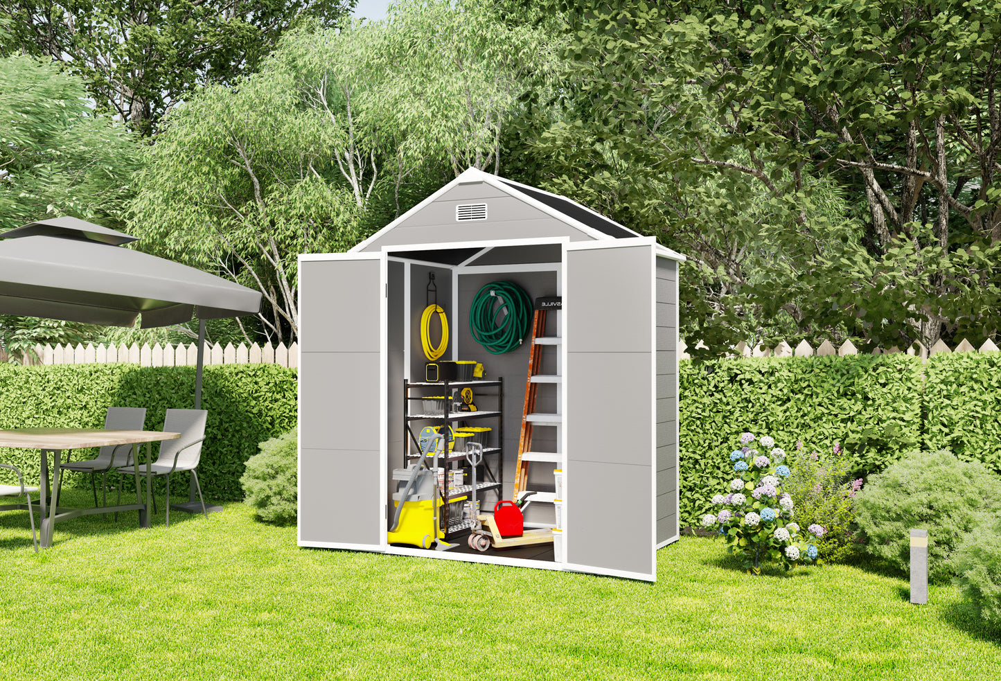 6*5ft resin storage shed,Plastic Garden Tool Outside Sheds,high quality pp material,strong structure,waterproof,rust and UV proof,large storage space,12mm thick pp board,HD window lighting