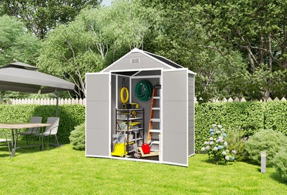 6*5ft resin storage shed,Plastic Garden Tool Outside Sheds,high quality pp material,strong structure,waterproof,rust and UV proof,large storage space,12mm thick pp board,HD window lighting