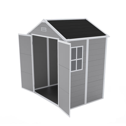 6*5ft resin storage shed,Plastic Garden Tool Outside Sheds,high quality pp material,strong structure,waterproof,rust and UV proof,large storage space,12mm thick pp board,HD window lighting