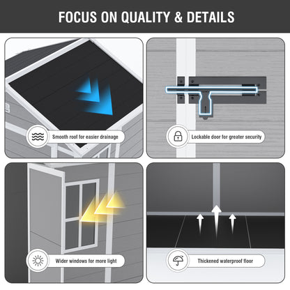 6*5ft resin storage shed,Plastic Garden Tool Outside Sheds,high quality pp material,strong structure,waterproof,rust and UV proof,large storage space,12mm thick pp board,HD window lighting