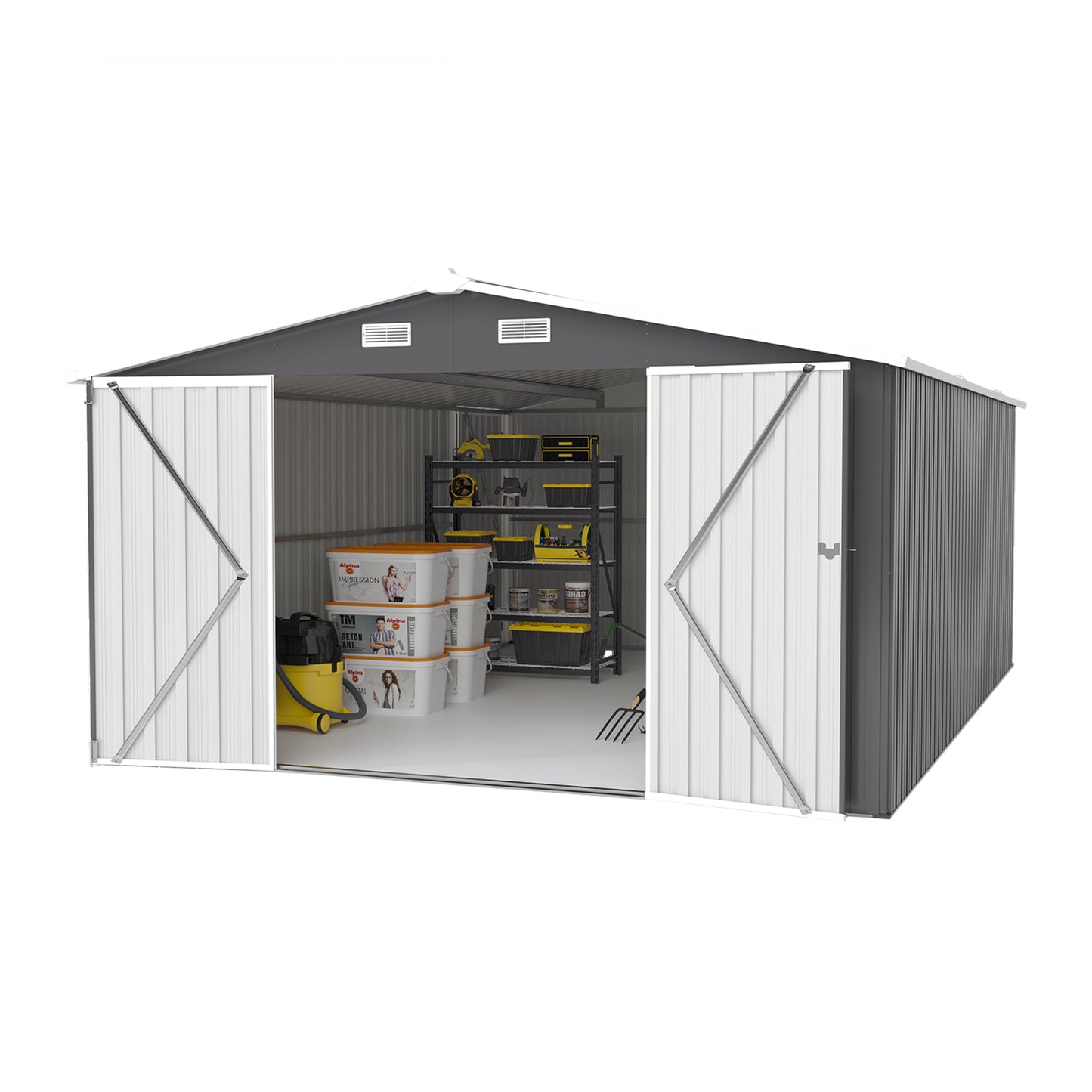 Campcraft Outdoor Storage Shed 10×14 FT with 3 Lockable Doors,4 Air Vents & Sloped Roof,Utility Tool Shed Metal Storage Garden Sheds Frame and 4 Vents,for Backyard,Patio,Lawn,dark Grey